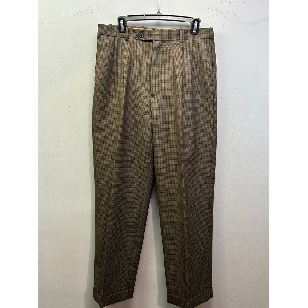 Sette Ponti Dress Pants Mens 33x30 Brown Glen Check Pleated Wool Cuffed Trousers